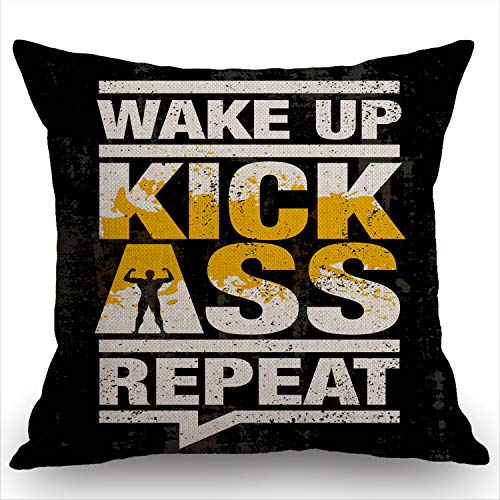 Swono Motivational Quote Throw Pillow Cover 18x18 Inch - Funny Fitness Cushion Case - Wake Up Kick Ass Repeat (Sw-005)