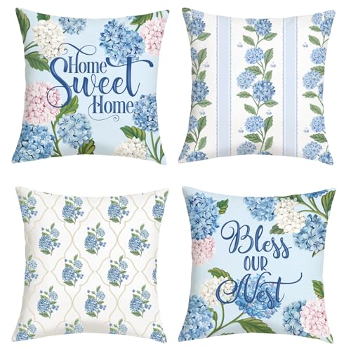 18x18 Set of 4 Blue Hydrangea Velvet Pillow Covers - Hidden Zipper, Seamless Design