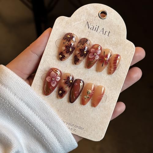 TEEKME Almond Press On Nails - Cozy Marbled Nude Pink & Caramel Floral Fake Nails