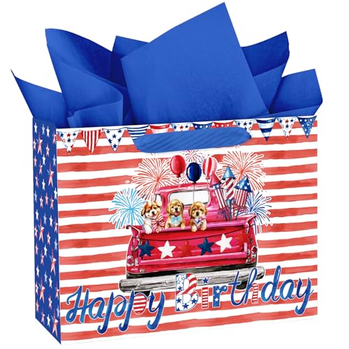 Large Patriotic Dog Birthday Gift Bag with Tissue Paper - 13"
