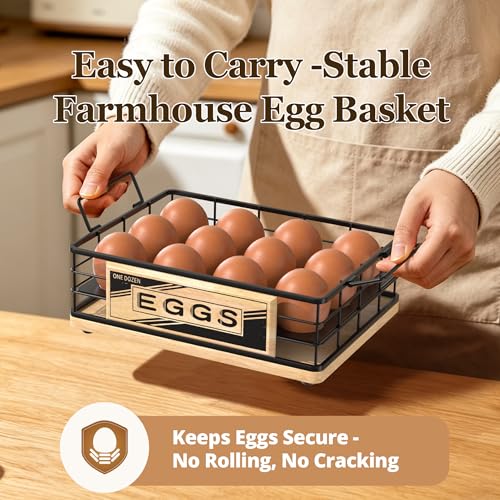 Farmhouse Egg Holder Countertop with Oak Wood & Metal - Natural & Black