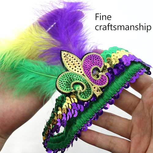 Mardi Gras Fleur De Lis Headband 3-Piece Sequins Feather Hair Band