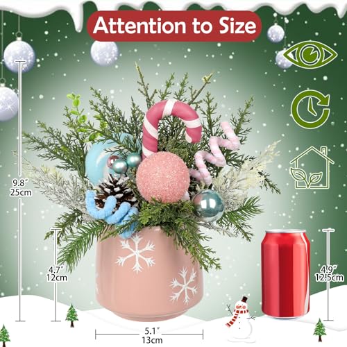Christmas Centerpieces for Tables with Pink & Blue Ceramic Vase - Holiday Table Decor, Pine Branches & Candy Cane Accents