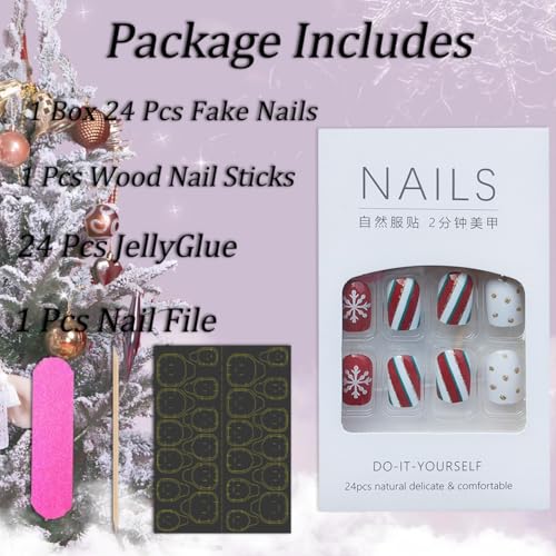 Christmas Press on Nails Short Square Snowflake Reindeer False Nails