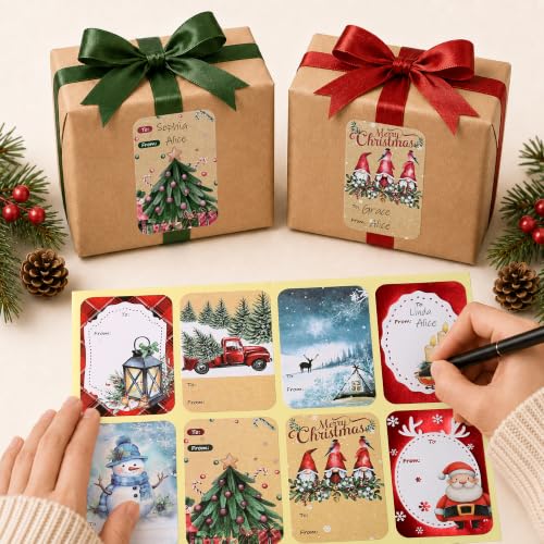 120 Pack Christmas Gift Tag Stickers - 8 Designs, Self-Adhesive Kraft Tags (Variation: Christmas With Snowman)