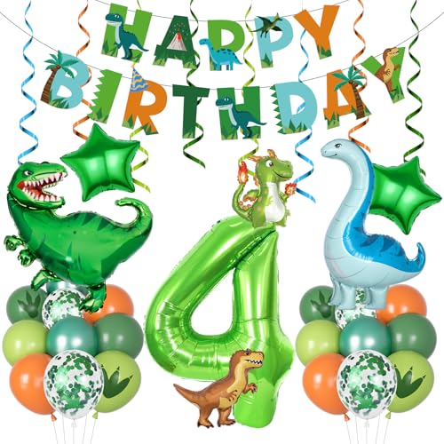 Dinosaur 4th Birthday Party Decorations Set with Balloons & Banner