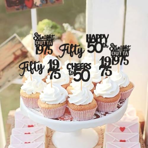 30PCS Black Glitter 50th Birthday Cupcake Toppers Set