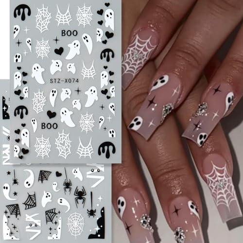 Halloween Nail Stickers 6 Sheets 3D Self-Adhesive Spider Web Decals