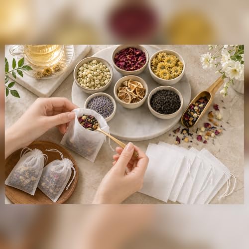 100 Disposable Muslin Tea Filter Bags with Drawstrings - 6x8cm