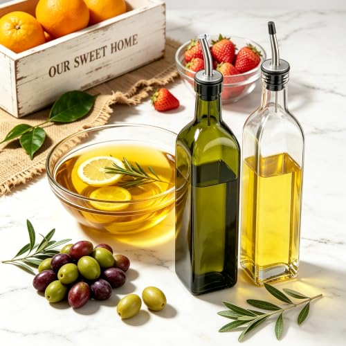 Leaflai 500ml Glass Olive Oil Dispenser Set - Transparent & Green, 2 Pack