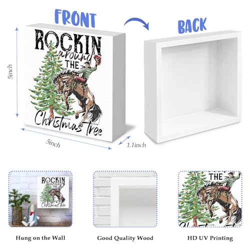 Western Cowboy Christmas Wood Sign - Rockin Variation, 5x5 Inch Holiday Decor
