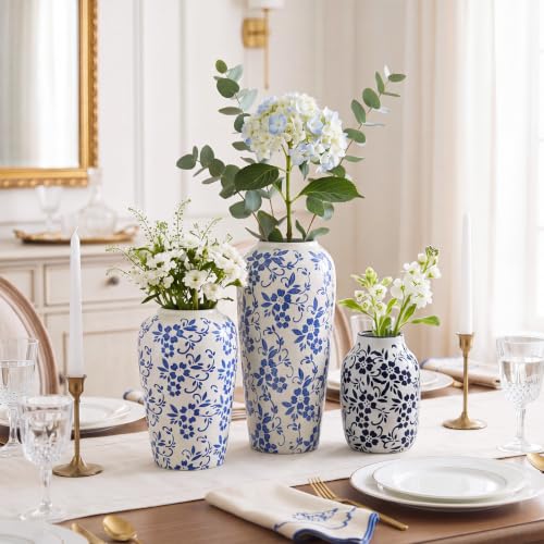 Rustic LemonRoad 3 Pack Chinoiserie Blue and White Ceramic Vases - Floral Decor