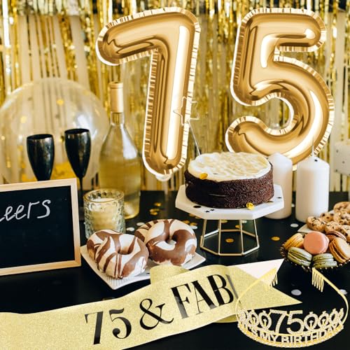 75th Birthday Decorations Set for Women: Gold Tiara and 75 & Fabulous Sash