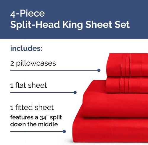 Flex Top Split Head King Sheet Set - Comfy, Breathable & Cooling Luxury Bedding - Ultra-Soft, Deep Pockets, Oeko-Tex Certified - Red