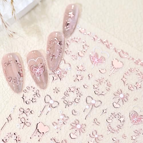 5D Embossed Nail Art Stickers Self-Adhesive Bow Heart Rose Gold Decals