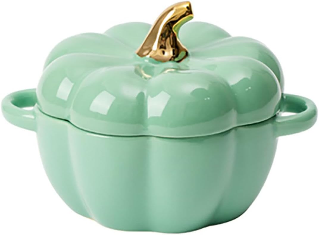 Pumpkin | 14 Oz Ceramic Ramekin Set with Lid & Handle - Oven Safe Individual Casserole Dish (Green)
