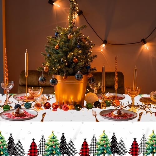 Christmas Disposable Plastic Tablecloth 54x108 Inch - Tree Pattern, 2 Pack