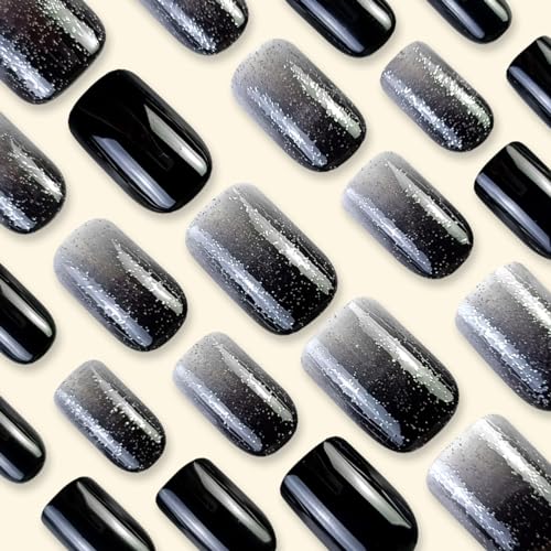 Short Square Press On Nails Black White Gradient Glitter False Nails 24Pcs
