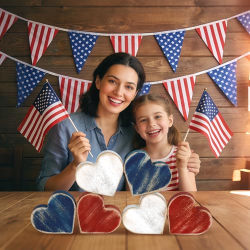 COCHIE Patriotic Wooden Heart Blocks - 6-Piece 4th of July Tiered Tray Decor