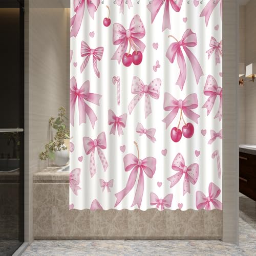 Pink Bow Shower Curtain 72x72 Inch with Cherry Design & Hooks