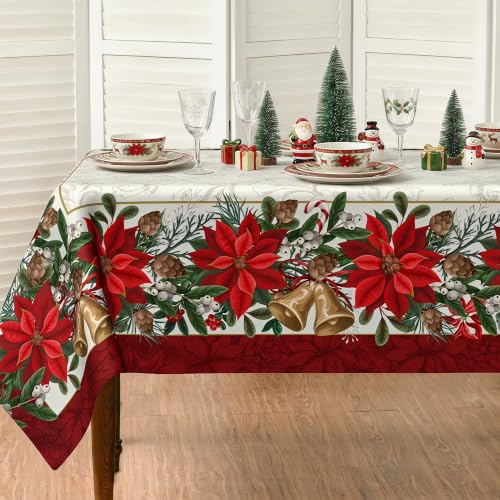 Christmas Poinsettia Tablecloth 60x84 Inch - Red Floral Holiday Table Cover with Gold Bells & Pine Cones - Waterproof Decor