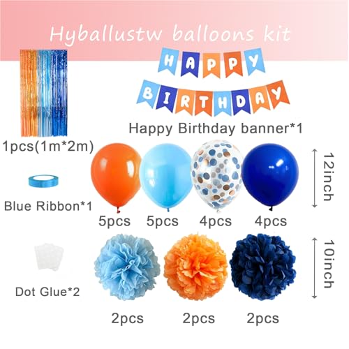 Blue and Orange Party Decorations Set with Balloons Banner Pompoms Fringe Curtain