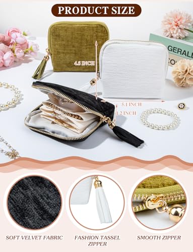 Compact Velvet Travel Jewelry Case with Tassel Zipper - White