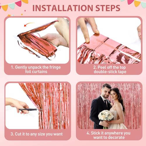 Rose Gold Tinsel Backdrop - 2 Pack Foil Fringe Curtains for Parties