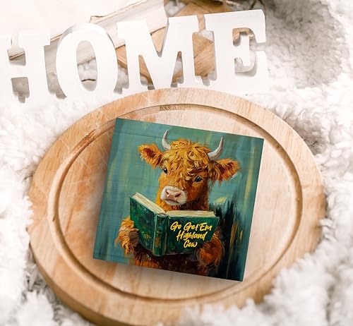 Highland Cow Wooden Box Sign Motivational Desk Decor 5x5 Inch