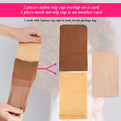 eBoot 3 Pack Wig Caps - Nylon and Mesh Net Stretch Caps in Beige, Brown and Black