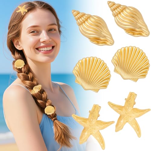 EYEOO 6PCS Gold Starfish & Seashell Hair Clips Beach Hair Accessories