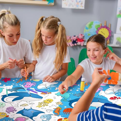 PartyGarden Ocean Under the Sea Coloring Tablecloth - Kids Birthday Party Supplies, 54x108 Inches