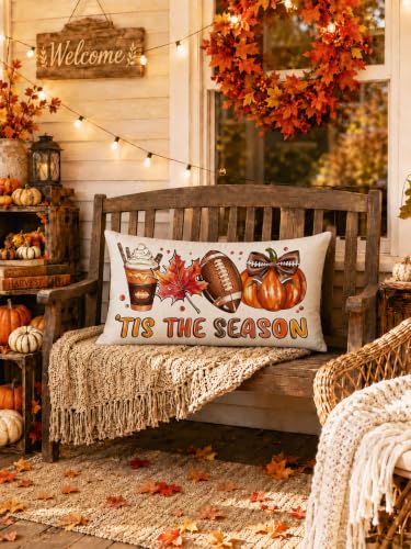 Fall Football Linen Lumbar Pillow Cover, 12x20 Farmhouse Autumn Decor