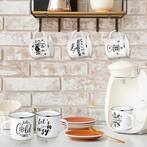 6 Pack Christmas Winter Enamel Coffee Mugs Set with Snowflake & Snowman Designs