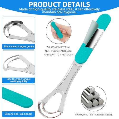 Stainless Steel Tongue Scraper 2-Pack with Silicone Handle for Bad Breath