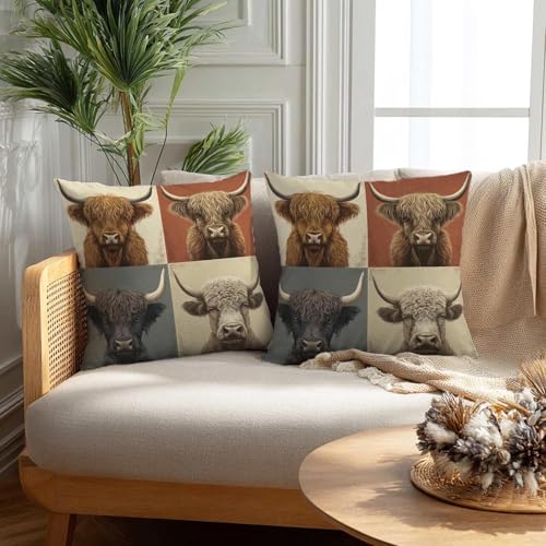 Highland Cow Throw Pillow Covers 18x18, Set of 2 Rustic Farmhouse Decor