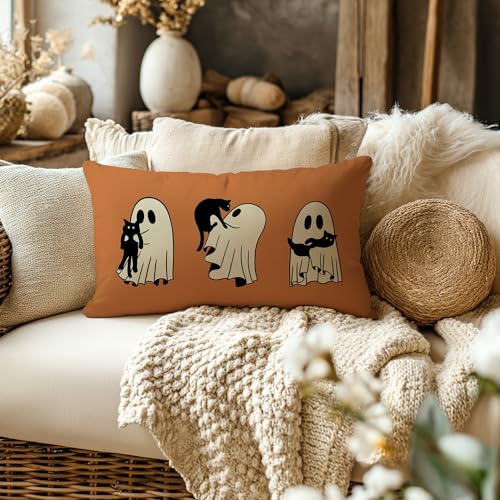 Halloween Pillow Cover 12x20 - Cute Ghosts & Black Cat, Orange