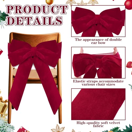 Christmas Velvet Chair Sashes - Red Bow Set of 8 - 15.7x23.6 Inches with Elastic Bands - Holiday Party Decor