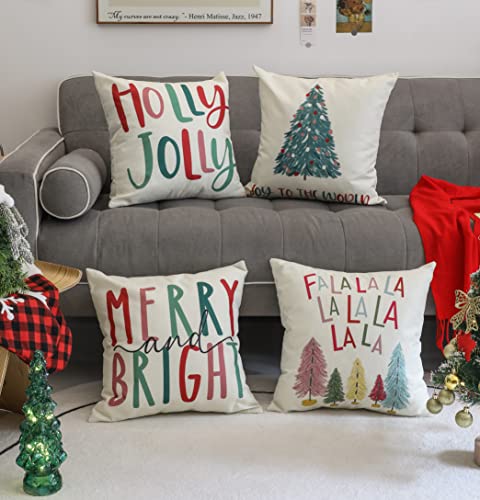 Colorful Christmas Pillow Covers Set of 4 - 16x16 Inch Holiday Decor
