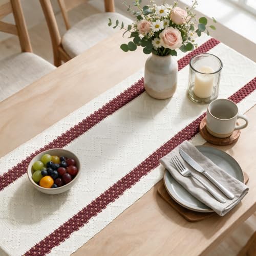 Rustic Woven Table Runner 12x72 Inch - Red Stripe, Durable Cotton Polyester