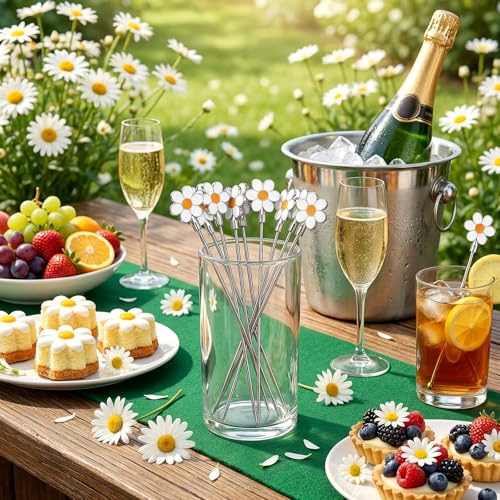 Qinyoung 10 Pcs Daisy Cocktail Picks - 4.7 Inch Metal Toothpicks
