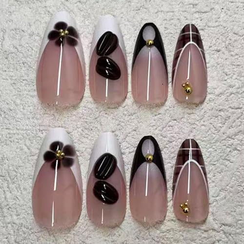 Jremg Brown French Tip Press on Nails Medium Almond 3D Coffee Beans