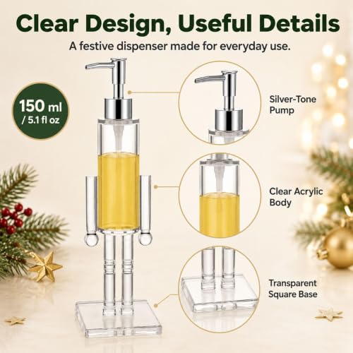 Nutcracker Soap Dispenser - Clear Acrylic Christmas Pump Bottle for Hand & Dish Liquid