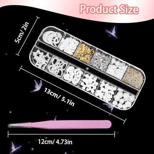 AnoleAir White Assorted Nail Charms Acrylic Bows Flowers Pearls and Gold Rivets