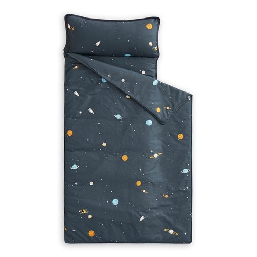Wake In Cloud - Toddler Nap Mat with Pillow and Blanket, 100% Cotton Fabric, for Kids Boys Ages 3 Plus in Daycare Kindergarten Preschool, Roll Up Sleeping Bag, Galaxy Spaces, Gray, Extra Long