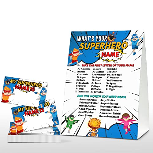 Superhero Name Game Party Activity Set with Sign and Stickers