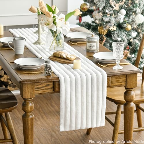 Ivory Faux Fur Jacquard Table Runner 13x60 Inch Holiday Decor