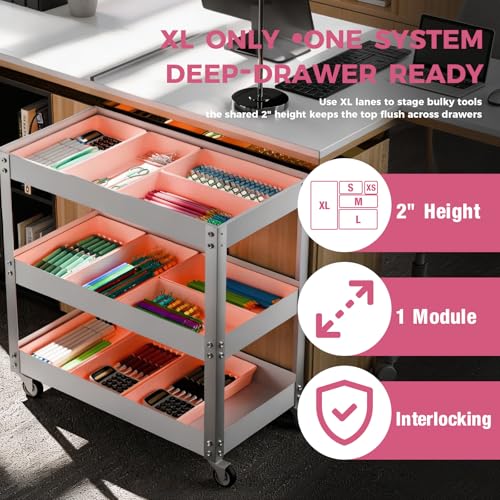 Extra-Large Pink Drawer Organizer Trays - 6-Piece Interlocking Storage Set