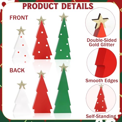 FINDRICH Green Indoor Christmas Tree Decorations Set - 3PCS Wooden Tabletop Holiday Centerpieces with Glitter Stars