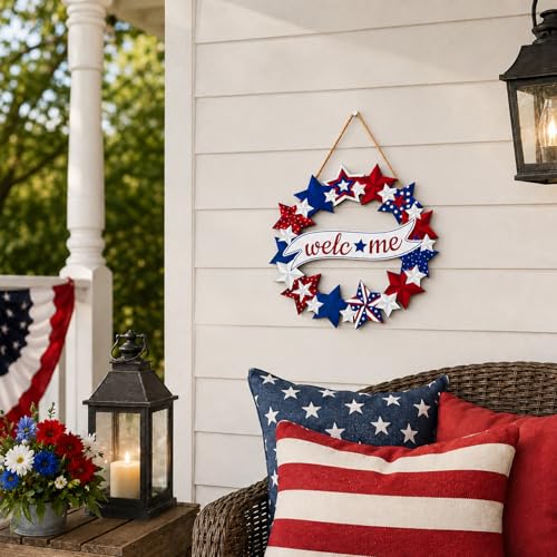 Patriotic Wooden 4th of July Door Sign - 12x12 Inch Star Decor